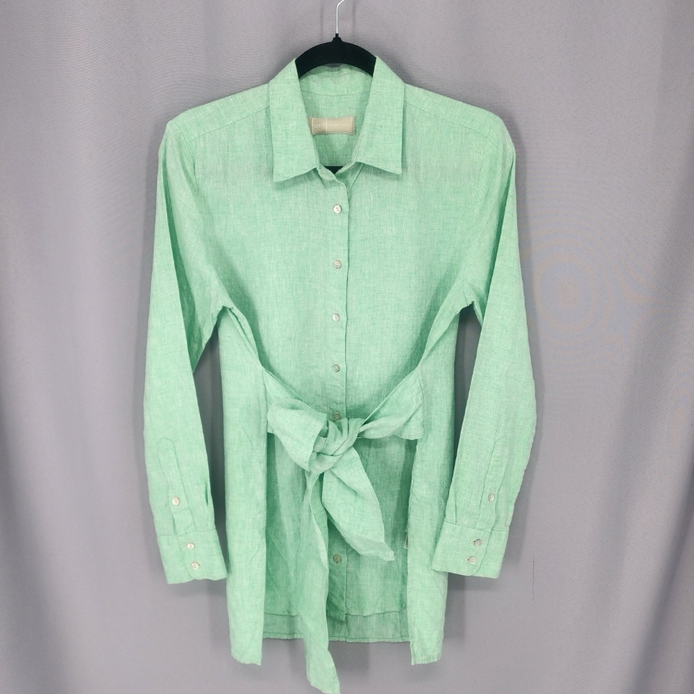 120% Tunic Womens 38 Mint 100% Linen Belted Button Front Long Sleeve